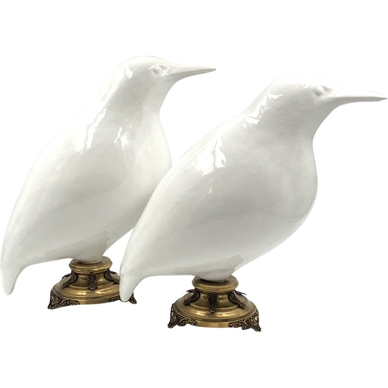 Pair of vintage kingfisher bird sculptures in white ceramic and brass bases