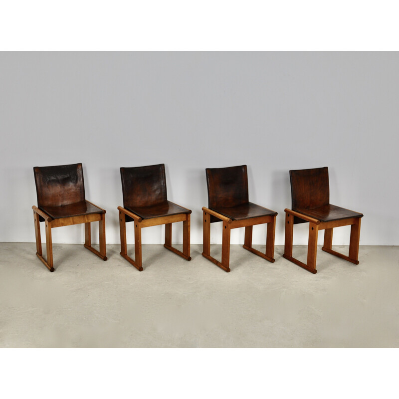 Set of 4 vintage wood and leather chairs by Afra&Tobia Scarpa, 1970