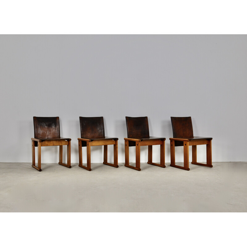 Set of 4 vintage wood and leather chairs by Afra&Tobia Scarpa, 1970