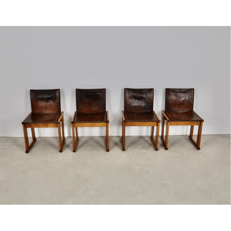 Set of 4 vintage wood and leather chairs by Afra&Tobia Scarpa, 1970