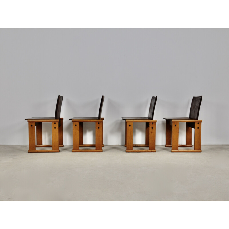 Set of 4 vintage wood and leather chairs by Afra&Tobia Scarpa, 1970