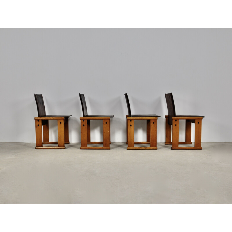 Set of 4 vintage wood and leather chairs by Afra&Tobia Scarpa, 1970