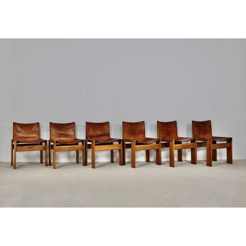 Set of 6 vintage Monk chairs in leather and wood by Afra&Tobia Scarpa for Molteni, 1970