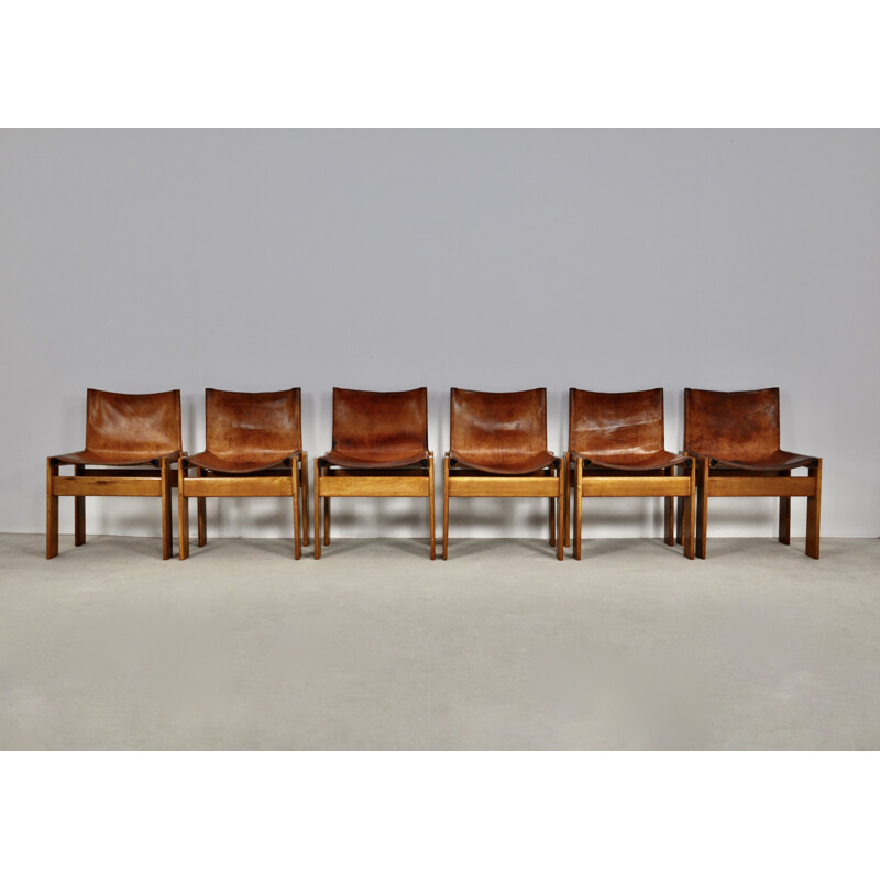 Set of 6 vintage Monk chairs in leather and wood by Afra&Tobia Scarpa for Molteni, 1970