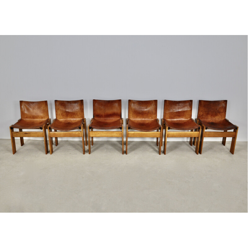 Set of 6 vintage Monk chairs in leather and wood by Afra&Tobia Scarpa for Molteni, 1970