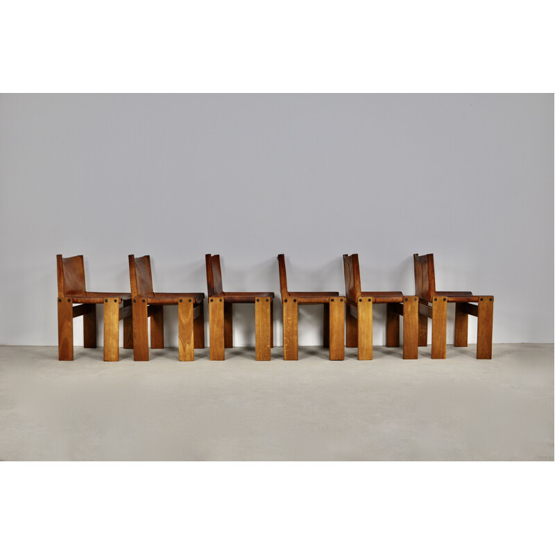 Set of 6 vintage Monk chairs in leather and wood by Afra&Tobia Scarpa for Molteni, 1970