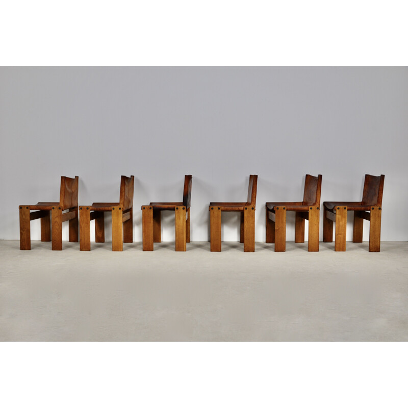 Ensemble de 6 chaises vintage Monk en cuir et bois par Afra&Tobia Scarpa pour Molteni, 1970