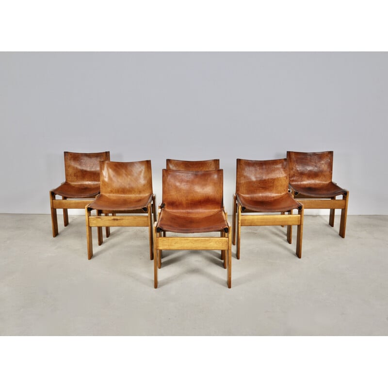 Set of 6 vintage Monk chairs in leather and wood by Afra&Tobia Scarpa for Molteni, 1970