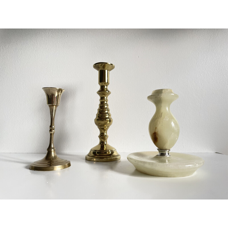 Set of 3 vintage brass and onyx candlesticks