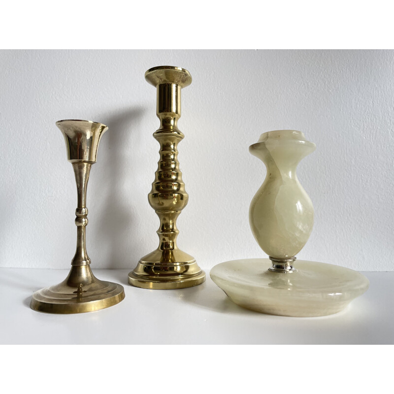 Set of 3 vintage brass and onyx candlesticks