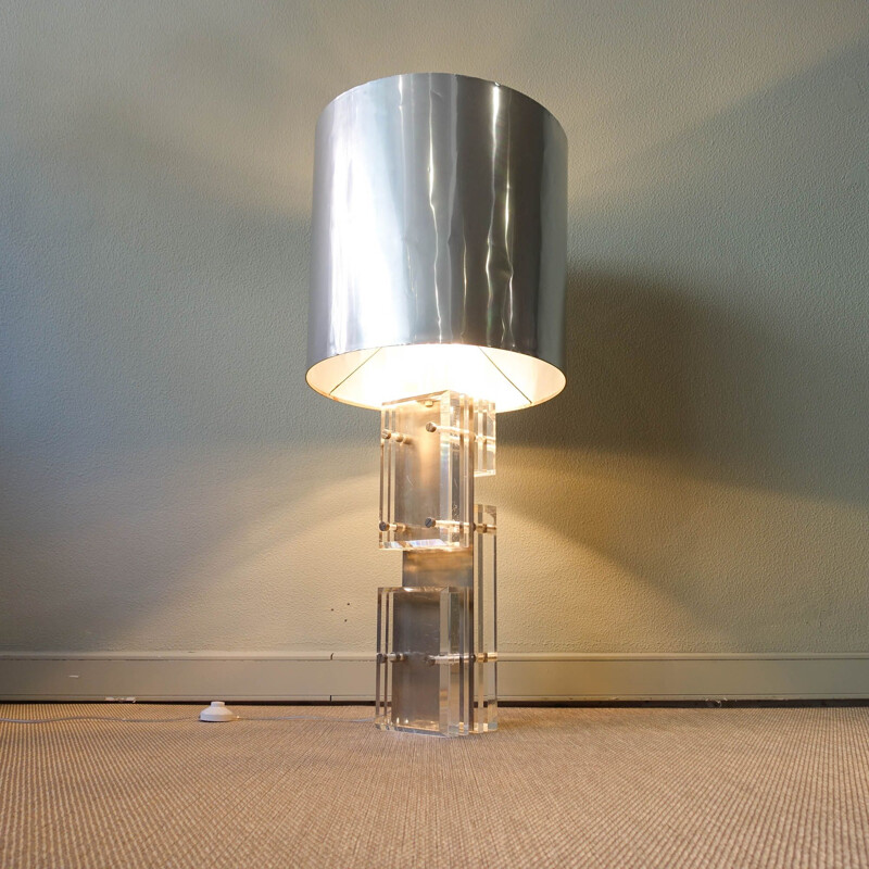 Lampada da tavolo vintage in lucite e alluminio lucido, 1970