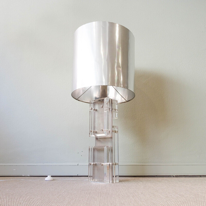 Lámpara de mesa vintage de lucita y aluminio pulido, 1970