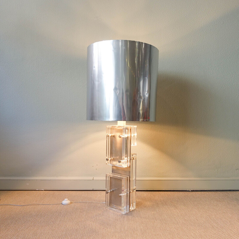 Lampada da tavolo vintage in lucite e alluminio lucido, 1970