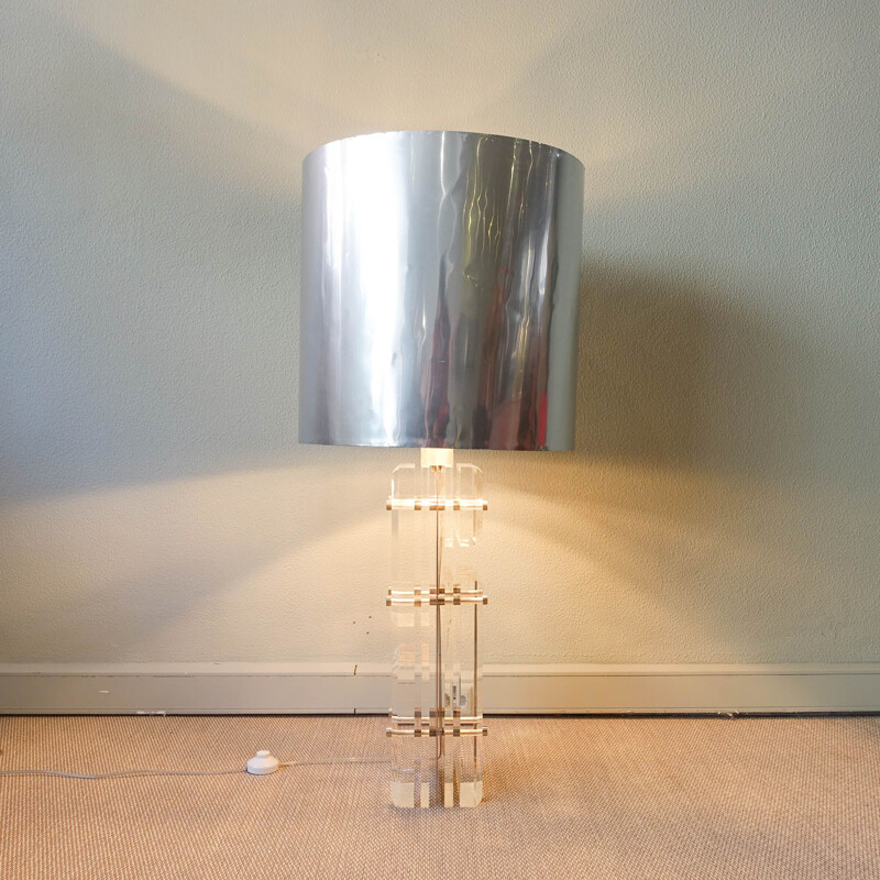 Vintage lucite and polished aluminum table table lamp, 1970s