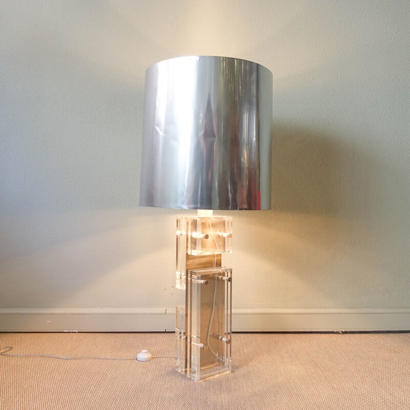 Lampe de table vintage en lucite et aluminium poli, 1970