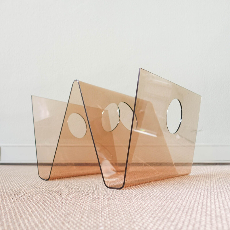 French vintage magazine rack in smoked plexiglas by Michel Dumas for Roche Bobois, 1972