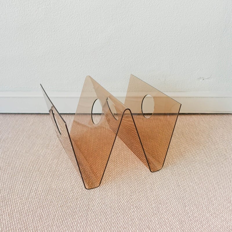 French vintage magazine rack in smoked plexiglas by Michel Dumas for Roche Bobois, 1972