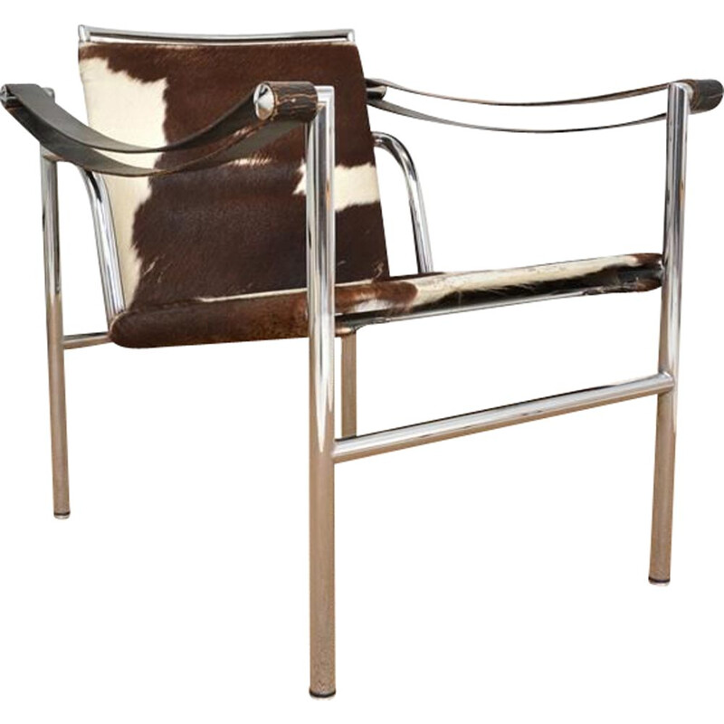 Vintage Lc1 armchair in metal and leather by Le corbusier for Cassina, 1970