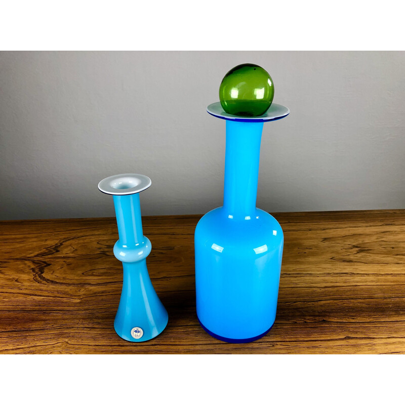 Pair of vintage blue glass vases by Holmgren and Bauer for Holmegaard, Denmark 1960