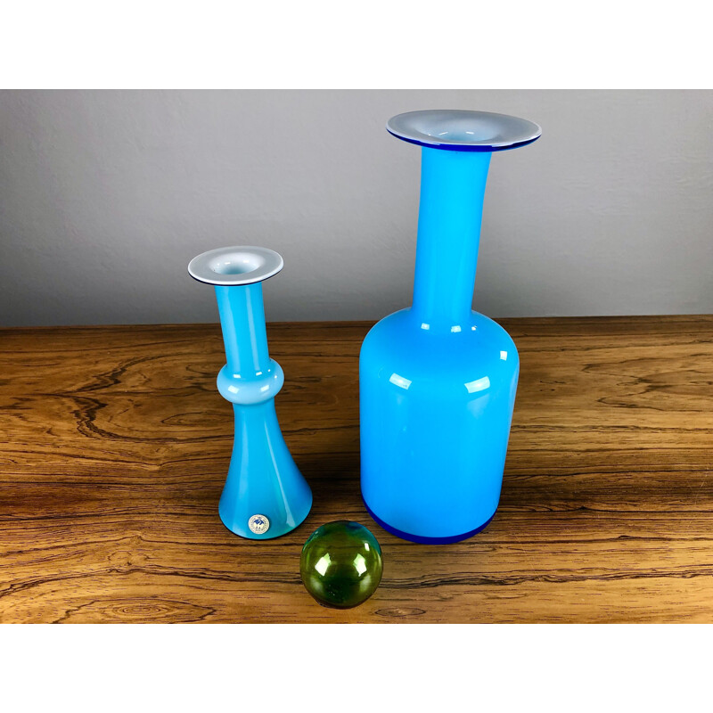 Paar vintage blauw glazen vazen van Holmgren en Bauer voor Holmegaard, Denemarken 1960