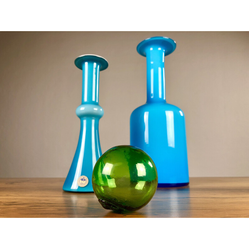 Pair of vintage blue glass vases by Holmgren and Bauer for Holmegaard, Denmark 1960