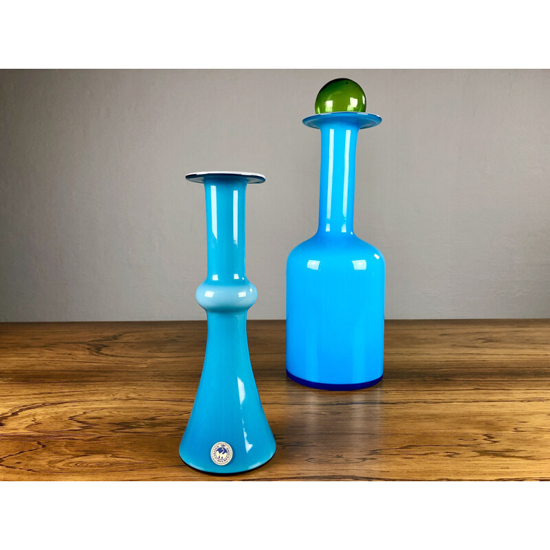Pair of vintage blue glass vases by Holmgren and Bauer for Holmegaard, Denmark 1960