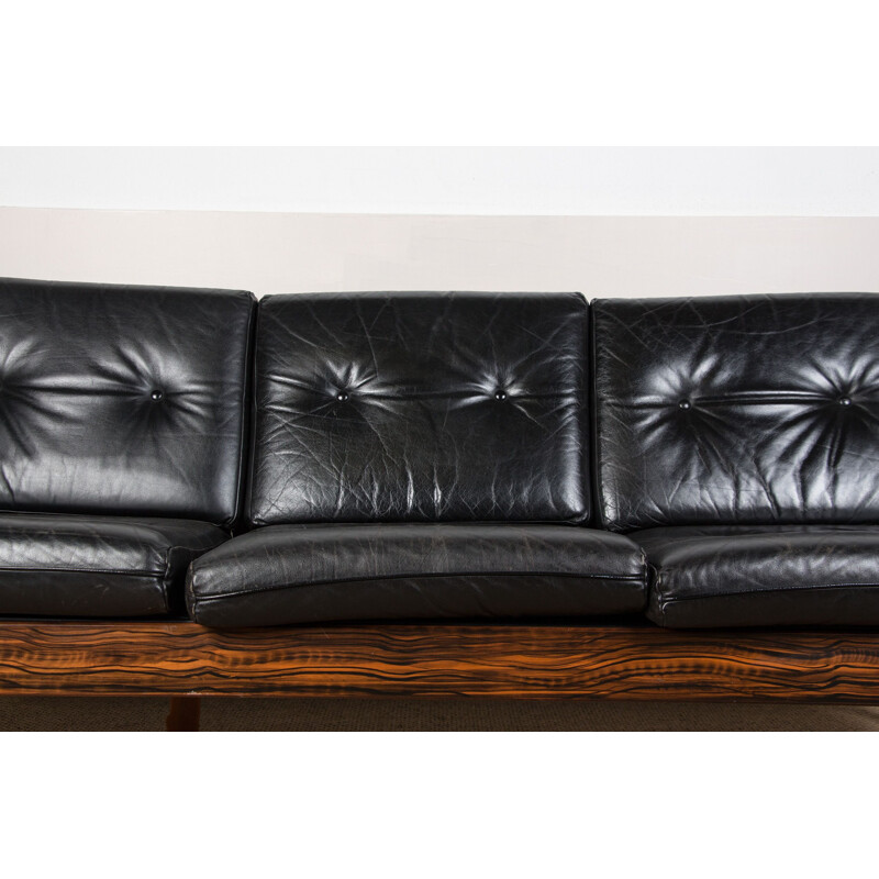Scandinavian vintage 3-seater rosewood and leather sofa, 1960