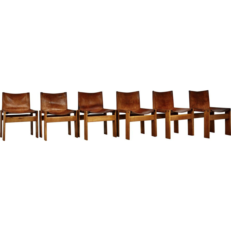 Set of 6 vintage Monk chairs in leather and wood by Afra&Tobia Scarpa for Molteni, 1970