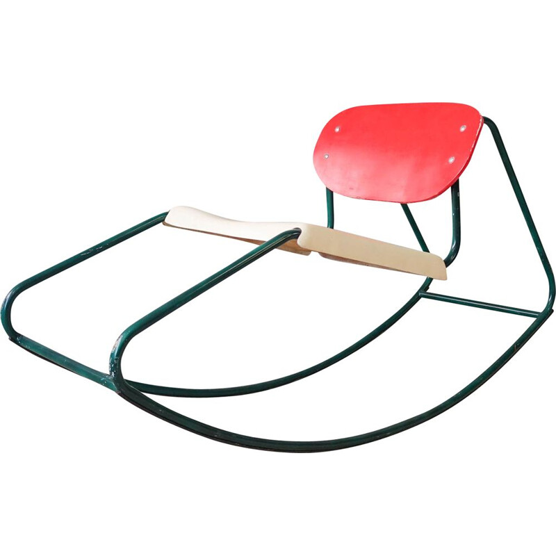Vintage rode gebogen houten schommelstoel, 1960