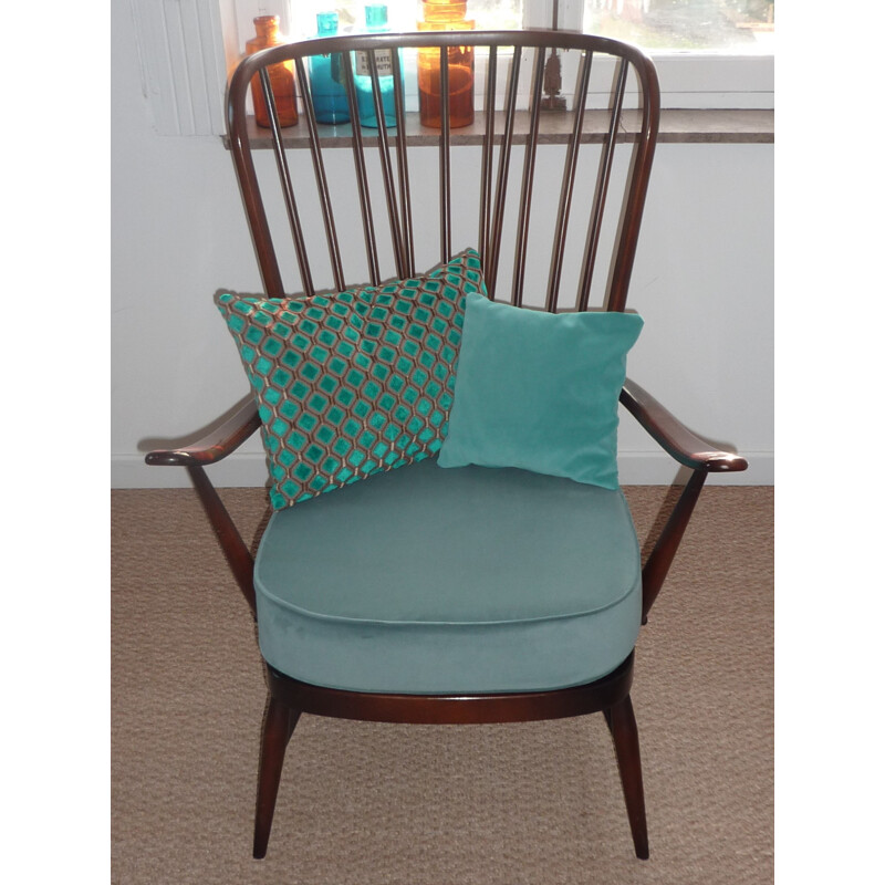 Fauteuil "Windsor" Ercol en orme et velours turquoise, Lucian ERCOLANI - 1950