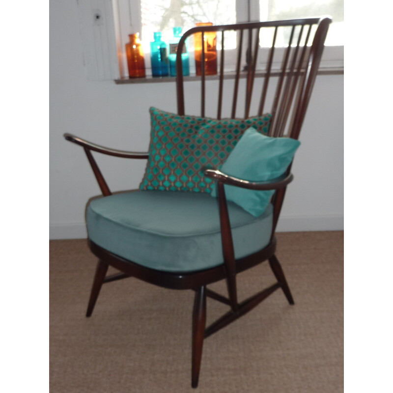 Italian Ercol "Windsor" armchair in elm and turquoise velvet - 1950s