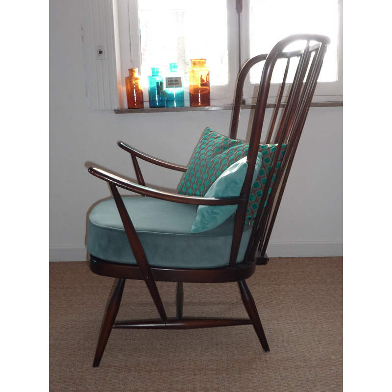 Italian Ercol "Windsor" armchair in elm and turquoise velvet - 1950s