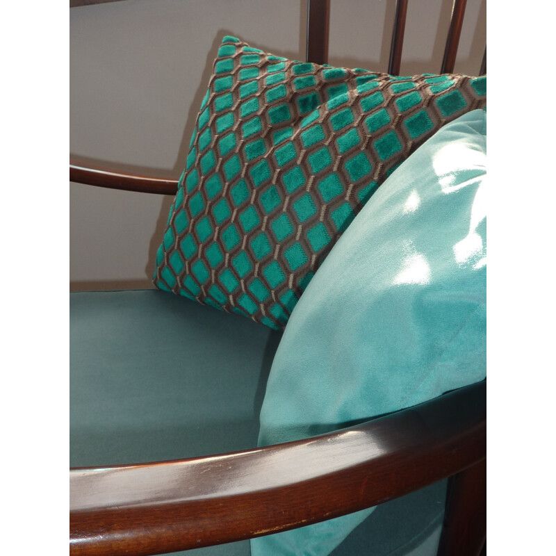 Italian Ercol "Windsor" armchair in elm and turquoise velvet - 1950s