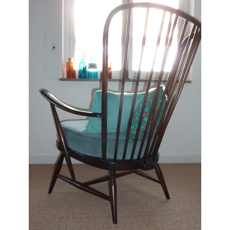 Italian Ercol "Windsor" armchair in elm and turquoise velvet - 1950s