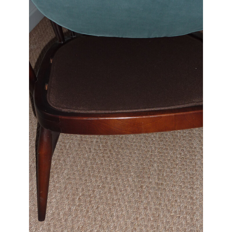 Italian Ercol "Windsor" armchair in elm and turquoise velvet - 1950s