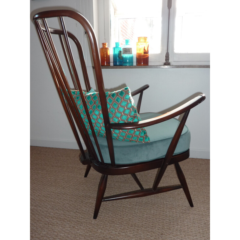 Italian Ercol "Windsor" armchair in elm and turquoise velvet - 1950s