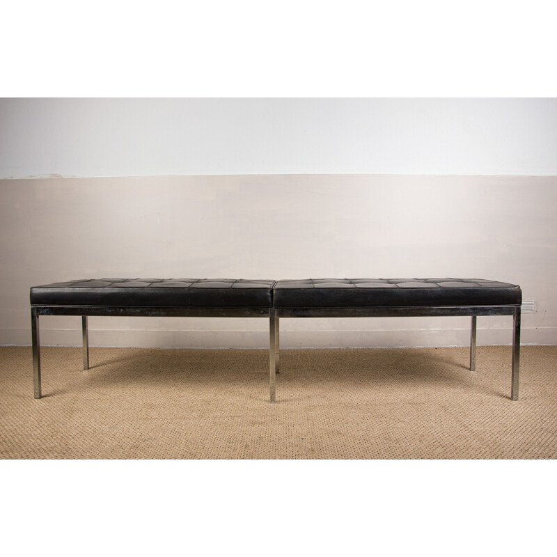 Vintage leather and chrome metal upholstered bench by Florence Knoll