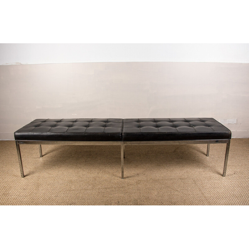 Vintage leather and chrome metal upholstered bench by Florence Knoll