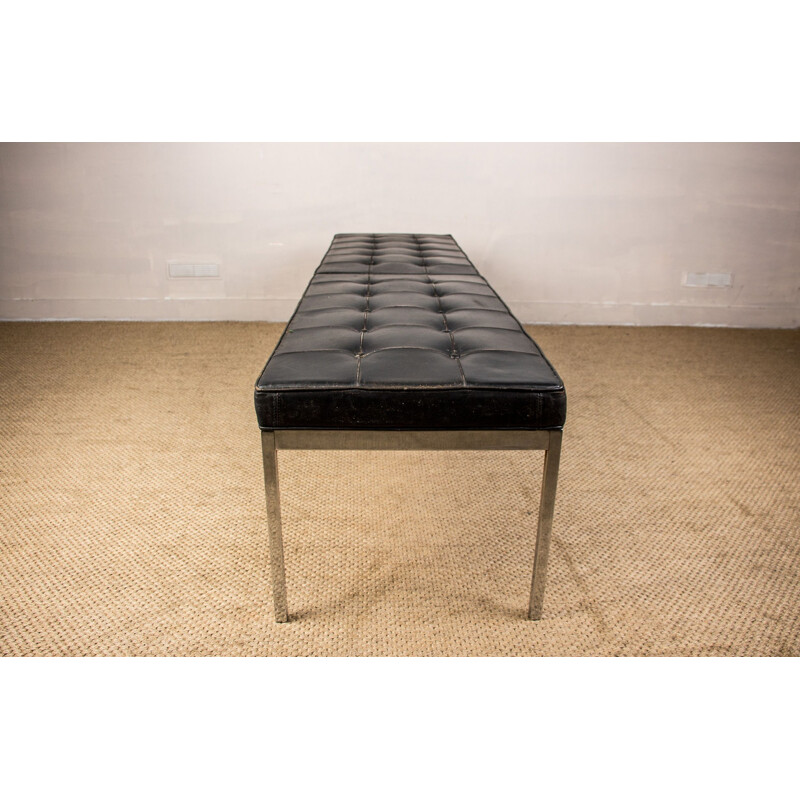 Vintage leather and chrome metal upholstered bench by Florence Knoll