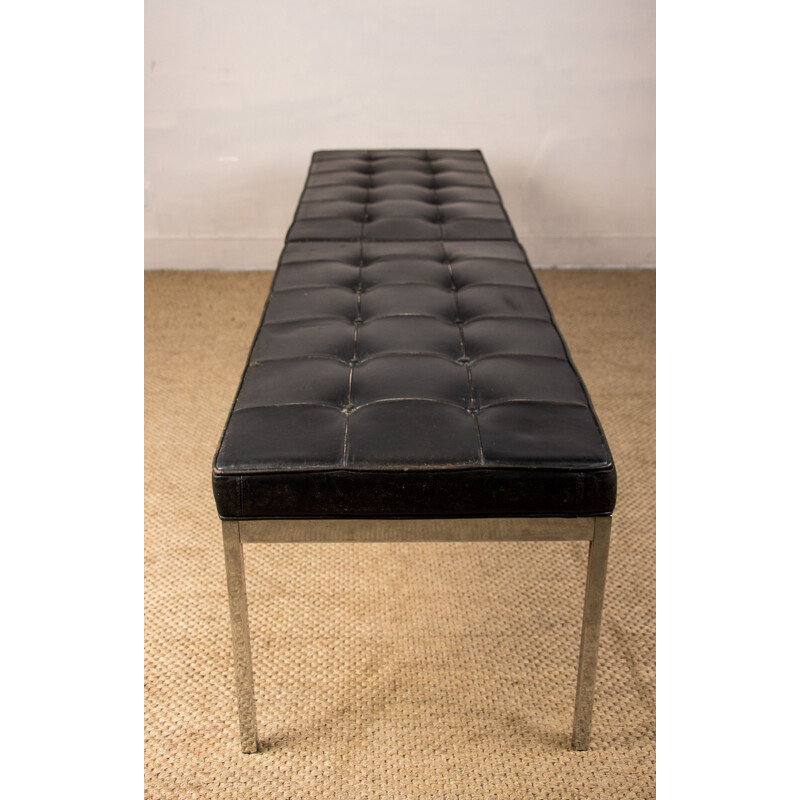 Vintage leather and chrome metal upholstered bench by Florence Knoll