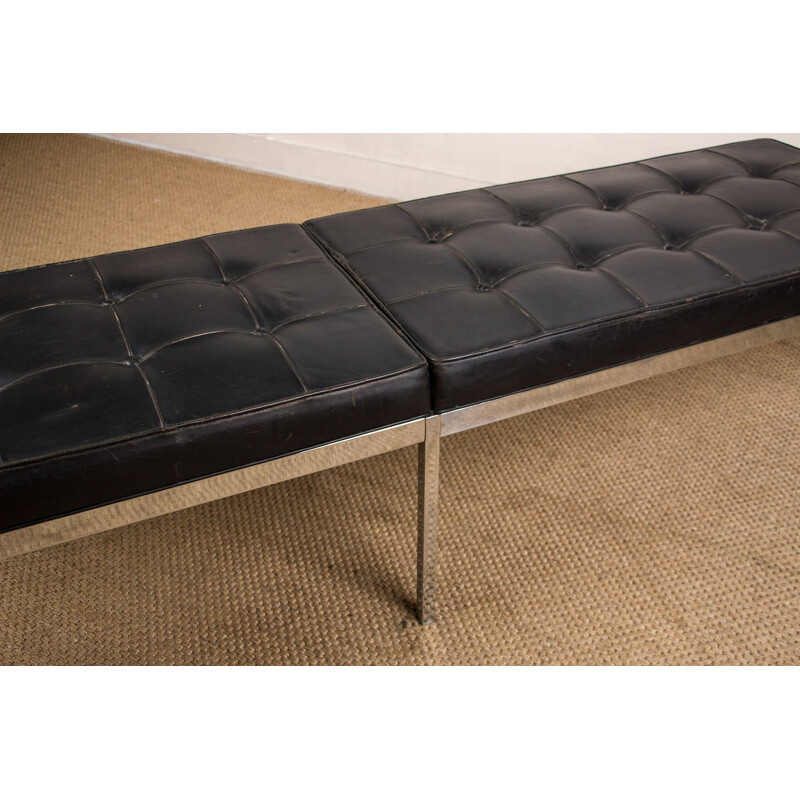 Vintage leather and chrome metal upholstered bench by Florence Knoll