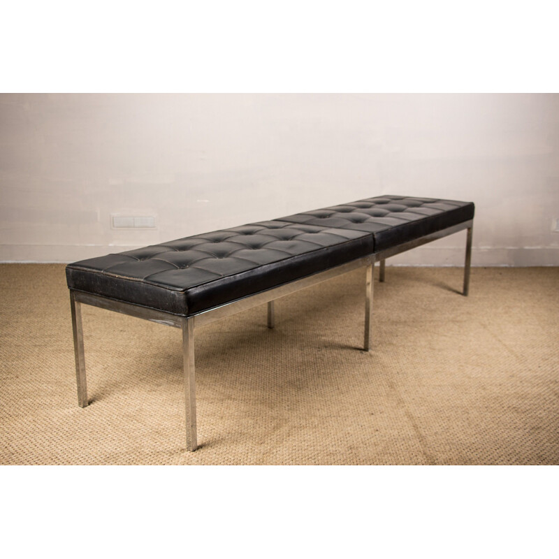 Vintage leather and chrome metal upholstered bench by Florence Knoll