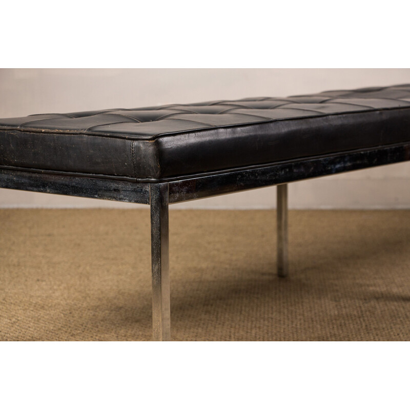 Vintage leather and chrome metal upholstered bench by Florence Knoll