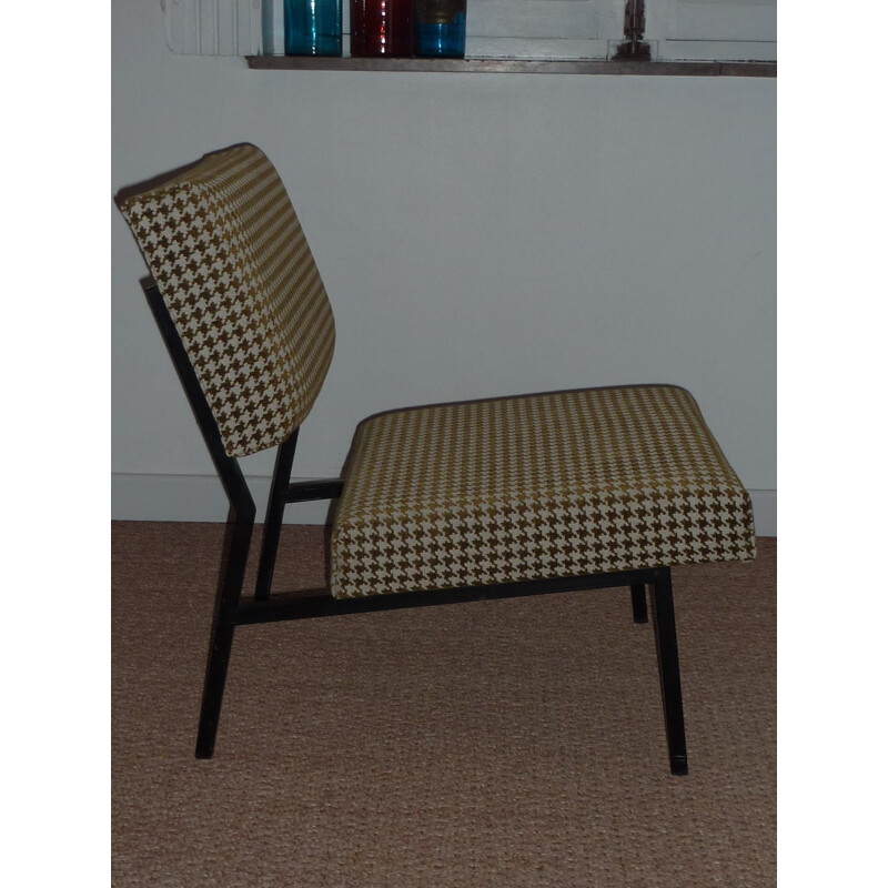 Vintage low chair in metal and fabric - 1950s