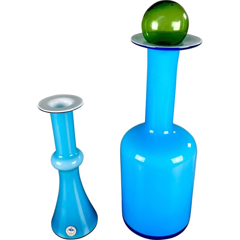 Pair of vintage blue glass vases by Holmgren and Bauer for Holmegaard, Denmark 1960