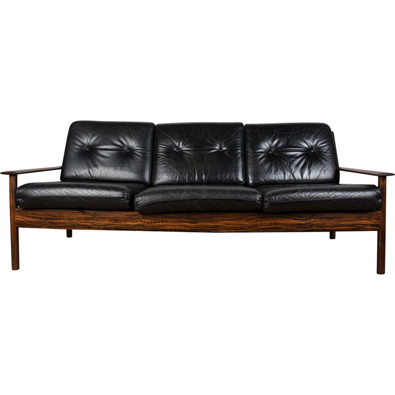 Scandinavian vintage 3-seater rosewood and leather sofa, 1960