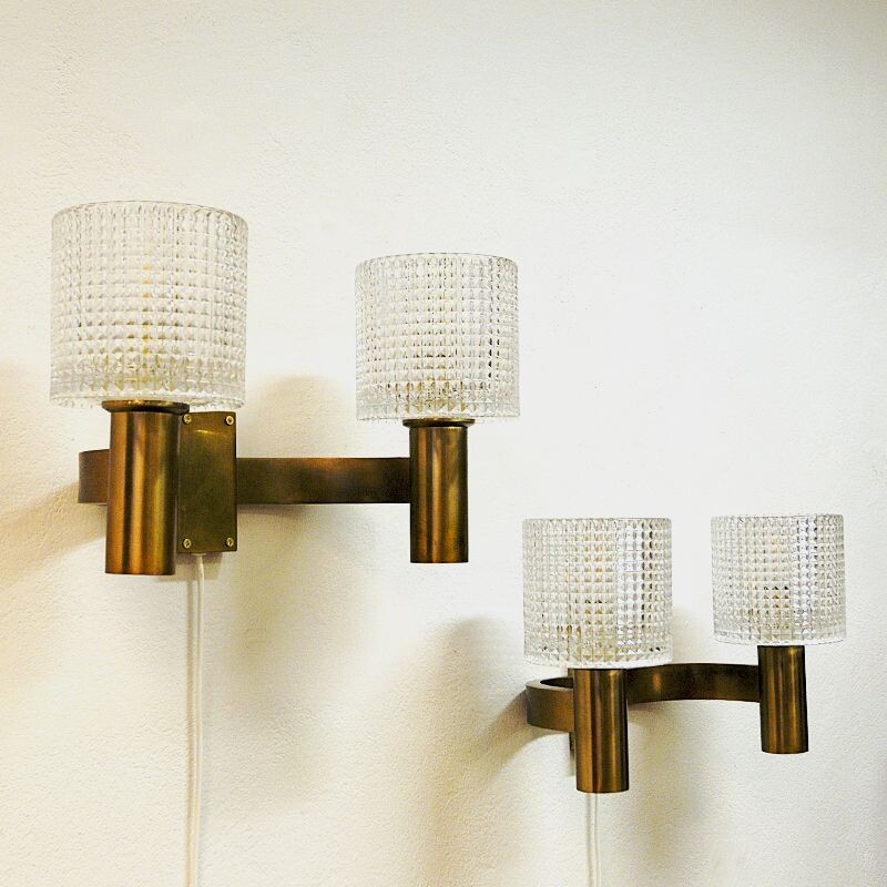 Pair of vintage brass sconces with crystal glass by Carl Fagerlund for Orrefors, Sweden 1960