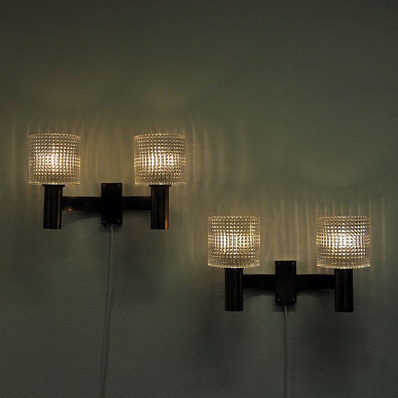 Pair of vintage brass sconces with crystal glass by Carl Fagerlund for Orrefors, Sweden 1960