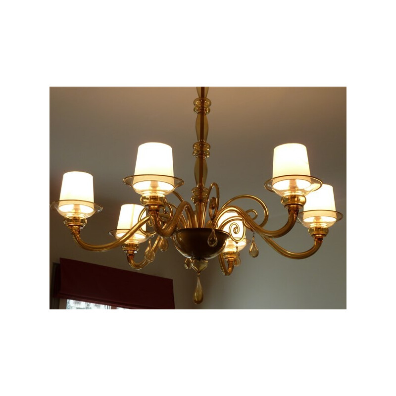 Big chandelier in amber Murano glass - 1930s
