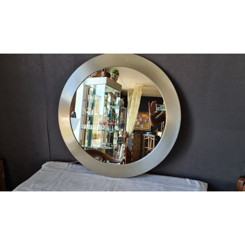 Miroir rond vintage en aluminium brossé, 1970